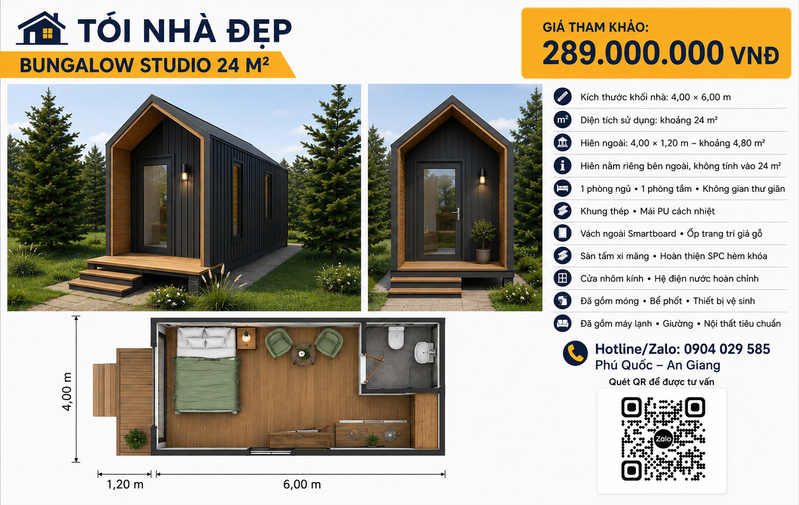 Bungalow lắp ghép 24m² tại Phú Quốc giá trọn gói 289 triệu, gồm móng và hoàn thiện
