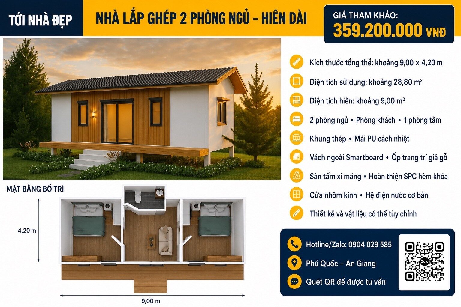 Hình minh họa nhóm nhà lắp ghép 2 phòng ngủ tại Phú Quốc